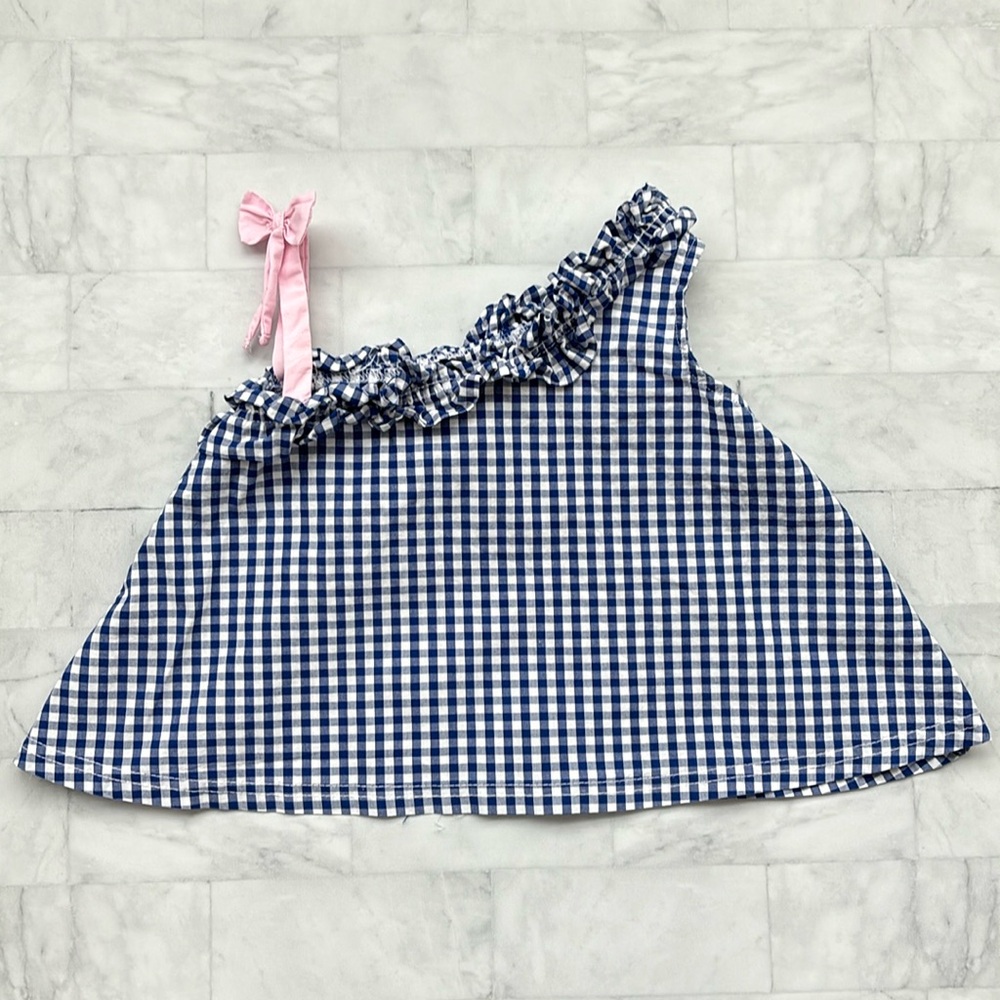 Andy & Evan Little Girl’s Blue Gingham Ruffle Tank Top with Pink Bow (3T)
